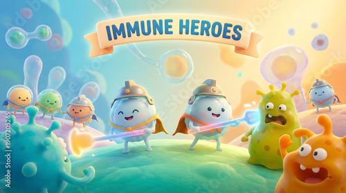 Cute Little Immune Hero Characters Fighting Green Germs