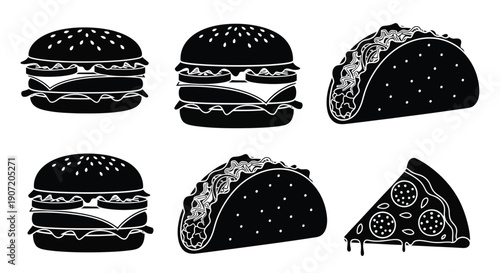 Black and white illustrations of burgers tacos and pizza slices