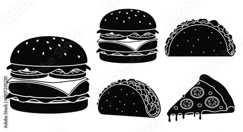 Black and white illustration of a burger taco and pizza slice