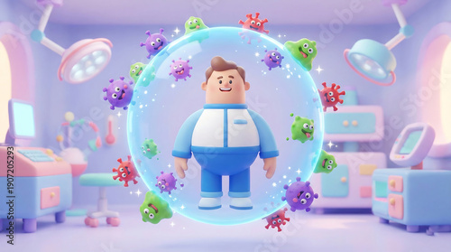Man Standing Inside Protective Immune Shield Bubble in Laboratory
