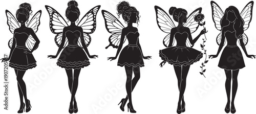 Five black silhouette fairy figures with butterfly wings in various poses white