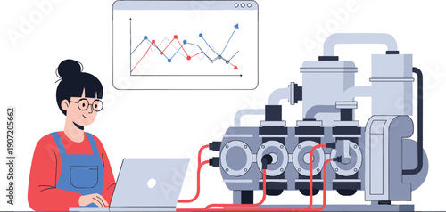 Young female engineer using laptop to monitor industrial machinery performance with data analysis charts in flat vector style