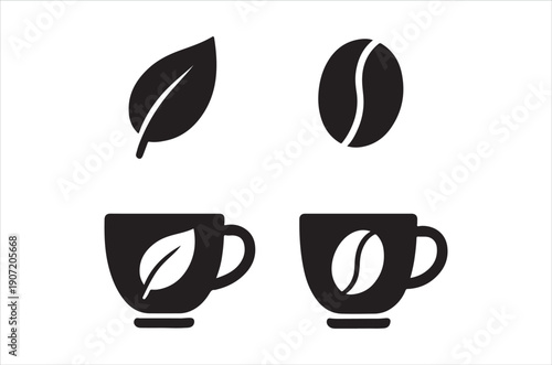 Simple black icons depict a coffee bean leaf and two coffee cup variations