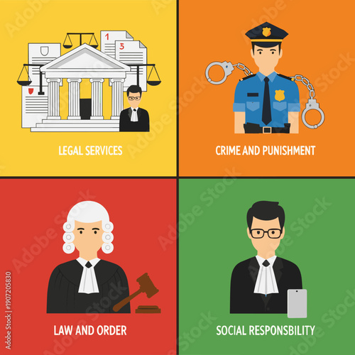 Law and justice concept banners set with lawyer judge police and legal services