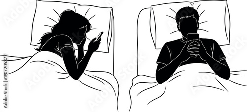 Couple lying in separate beds using smartphones at night illustrating digital addiction relationship distance social media obsession and sleep deprivation