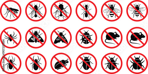 Set of stop sign icons with various insects and rodents for pest control hygiene and extermination service marketing materials