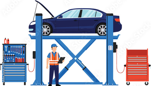 Professional car mechanic standing in auto repair shop with vehicle on hydraulic lift and tool cabinets flat vector