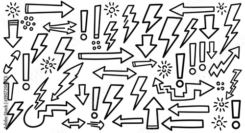 Vector set of black and white warning signs and arrows, exclamation marks, lightning bolts, for warning or announcement, isolated on transparent background, png