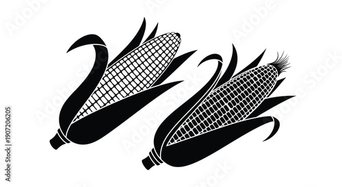 Two ears of corn depicted in a black and white graphic style