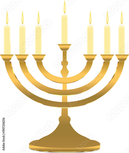 Hebrew Jewish Kabbalistic candelabrum in gleaming gold with 7 lit white candles. Mystical symbol of spiritual light, esoteric menorah for Kabbalistic rituals and sacred decoration.
