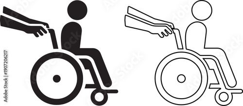 Disabled wheelchair icon and caregiver assistance vector set. Handicap accessibility symbol and patient transport sign. Black silhouette and outline design for medical support.