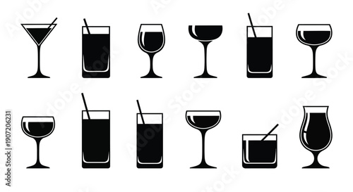 Collection of various black silhouette cocktail and drinkware glasses