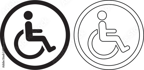 Disabled wheelchair icon and handicap accessibility symbol vector set. Medical sign for invalid people access. Black silhouette and outline design isolated for parking or toilet signage.