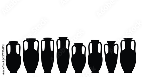 A row of black silhouettes depicting ancient greek amphorae