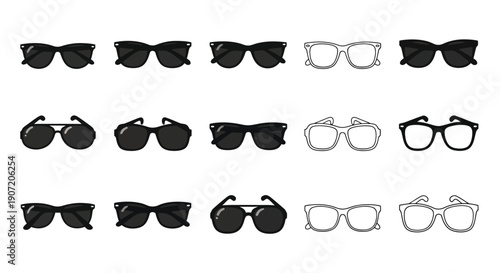 Collection of various sunglasses in black and white tones arranged in rows