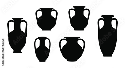 Black silhouettes of six ancient amphorae on a white background