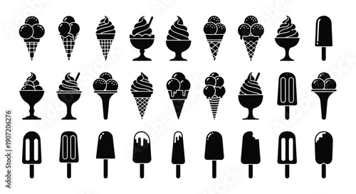 Collection of black silhouette ice cream and popsicle icons arranged in rows