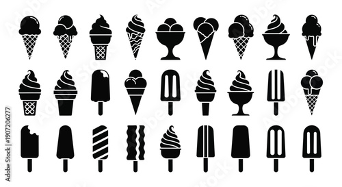 Collection of black silhouette ice cream and popsicle icons arranged in rows