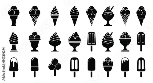 Collection of various black silhouette ice cream and popsicle icons