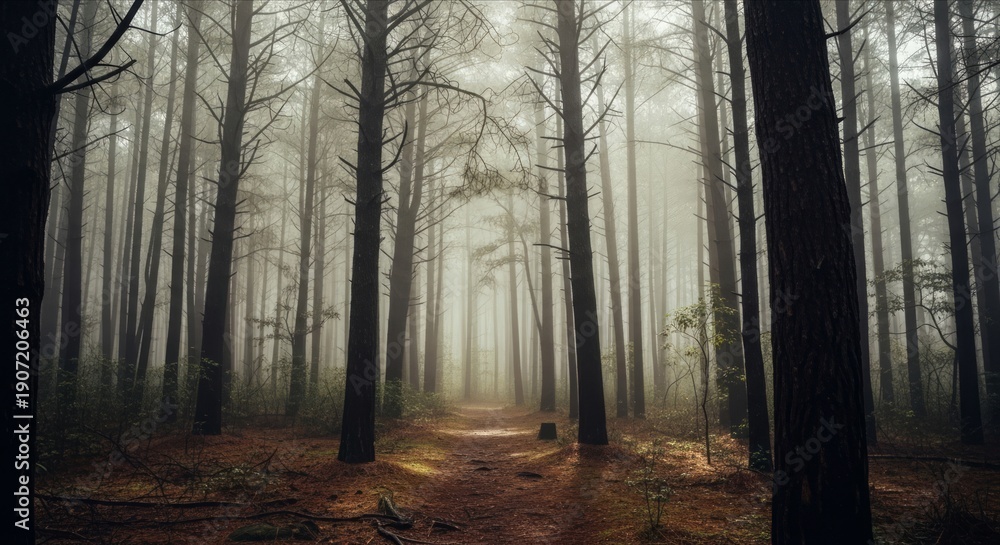 Obraz premium Misty Forest Pathway Surrounded by Tall Trees and Green Foliage