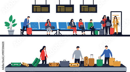 Airport waiting area and baggage claim carousel set with passengers sitting on chairs and collecting luggage in flat style