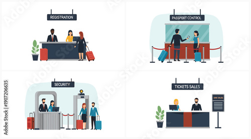 Airport terminal service set with registration desk passport control security check and ticket sales counter in flat vector style