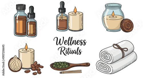 Wellness ritual icons, spa elements, candles, essential oils, towels, herbs, for wellness or self-care website, banner, or social media, isolated on transparent background, png