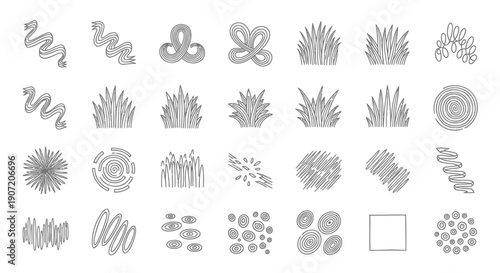 Vector grass and foliage icons set, illustrations for landscape design or gardening, isolated on transparent background, png
