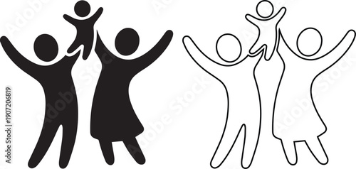 Vector illustration set of happy family icons with parents lifting child up in the air, featuring solid black silhouette and linear outline styles isolated on white background.