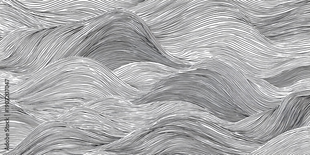 Obraz premium Abstract grayscale illustration of undulating lines resembling waves or mountains