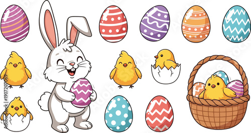 Cheerful cartoon illustration featuring an excited happy bunny holding a decorated egg surrounded by cute baby chicks and colorful patterned Easter eggs