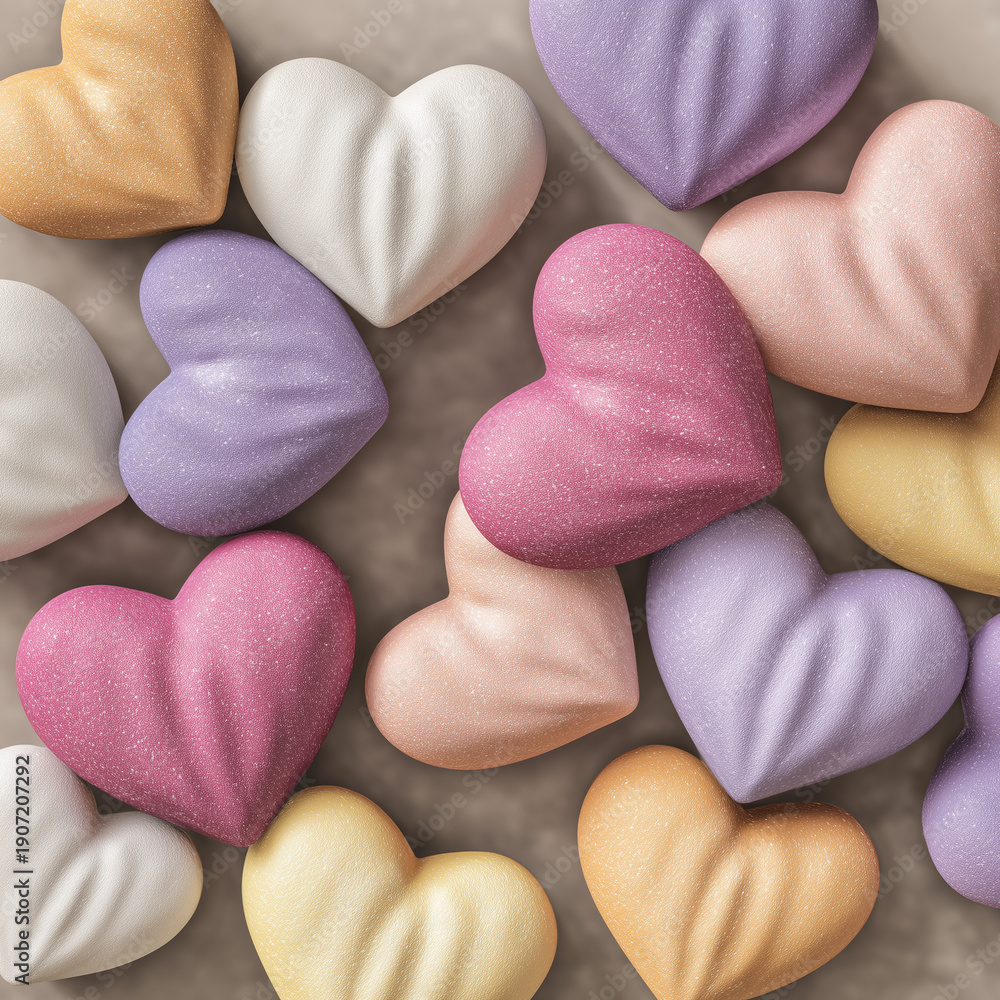 Obraz premium Colorful heart-shaped candy in various pastel shades arranged together 