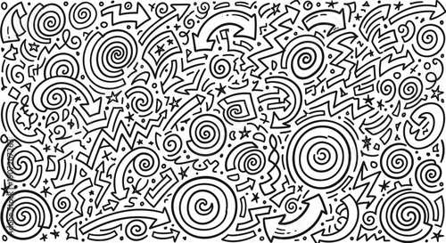 Black and white doodle pattern with swirls, spirals, and abstract shapes, for background or texture overlay