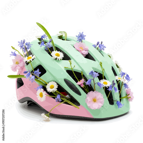Colorful bicycle helmet adorned with vibrant flowers and greenery