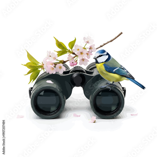 Birdwatcher essentials with blue tit on binoculars and cherry blossoms