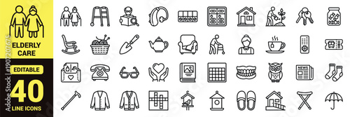 Elderly care and retirement lifestyle icon set with wheelchair, walker, cane, hearing aid, glasses, rocking chair, caregiver, medicine, gardening, knitting, crossword puzzle, photo album, slippers