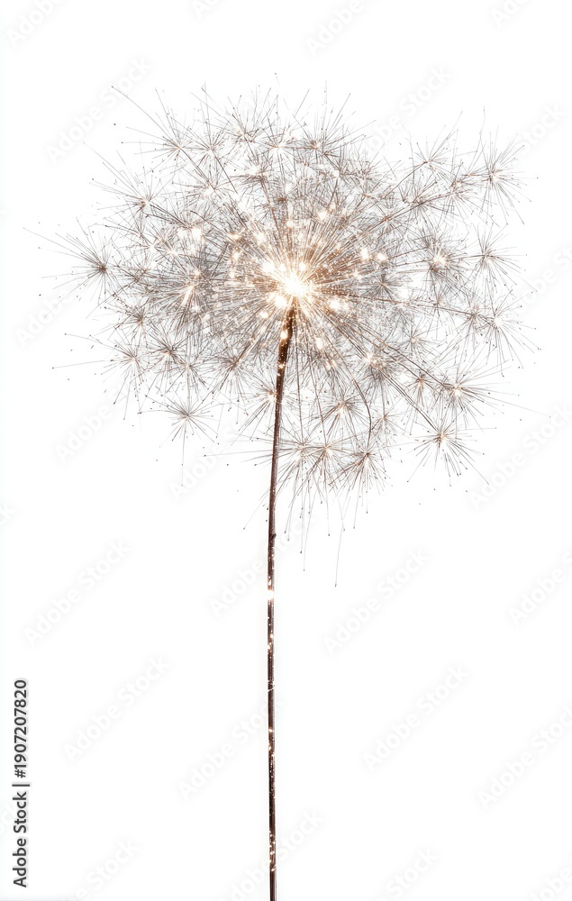 Obraz premium A single sparkler, resembling a dandelion, emits bright sparks against a white background