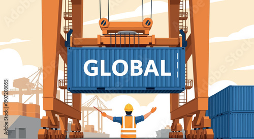 Vector illustration of global shipping container with crane and worker, for logistics or transportation concept, banner or poster
