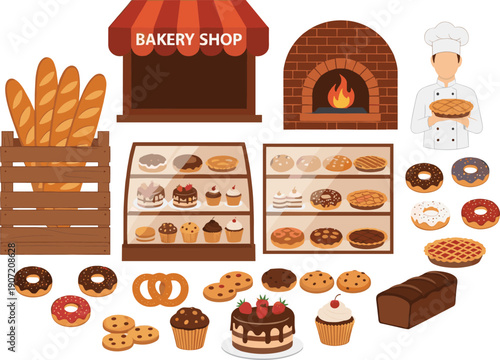 Bakery shop elements set with bread donuts cakes cookies oven and chef