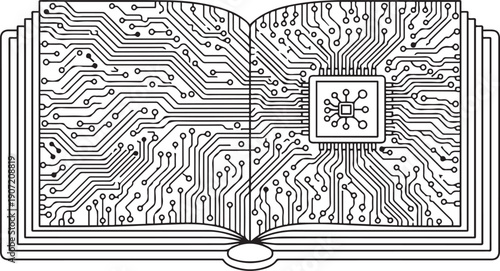 Open book with circuit board pattern and CPU chip on white background technology