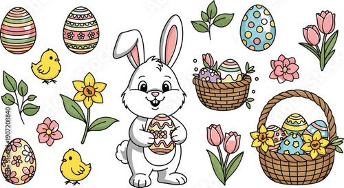 Adorable cartoon illustration featuring a cheerful gray bunny holding a decorated easter egg surrounded by springtime elements like chicks and flowers