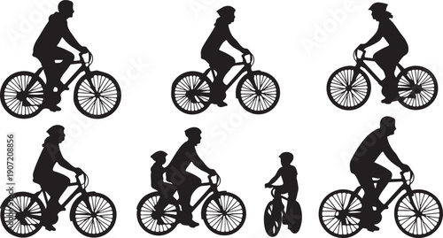 Diverse group of people riding bicycles in a variety of styles and poses.