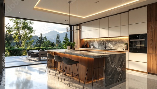 Modern Kitchen Design with Island and Mountain View.