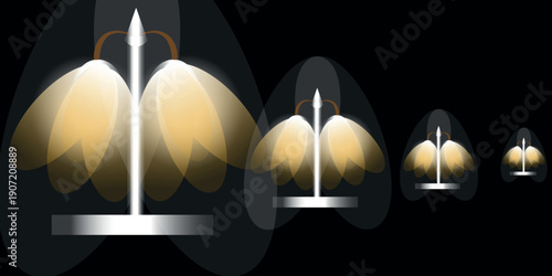 A series of four identical lamps with teardrop shaped shades in a row