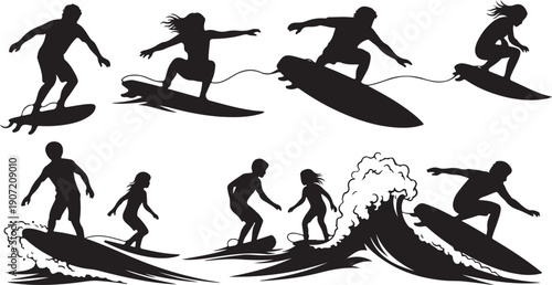 A series of silhouettes depicting various stages of surfing on a wave