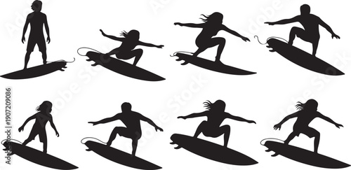 Silhouettes of surfers riding waves in various dynamic poses