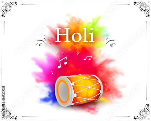 A vibrant illustration of a drum with colorful powder and musical notes celebrating Holi