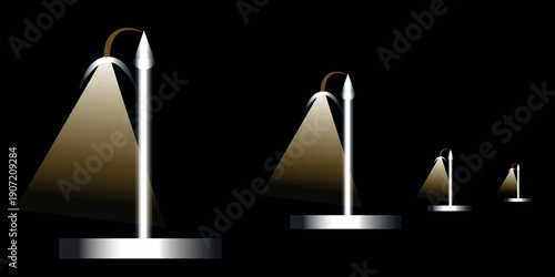 A row of modern metallic sculptures with conical shapes and lights