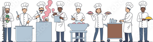 Professional chefs cooking and serving food set in restaurant kitchen staff lineup