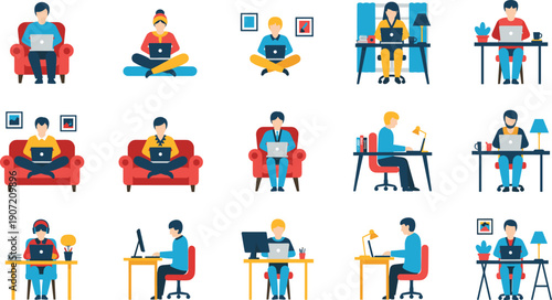 People working on laptops at home set with remote work and freelance scenes